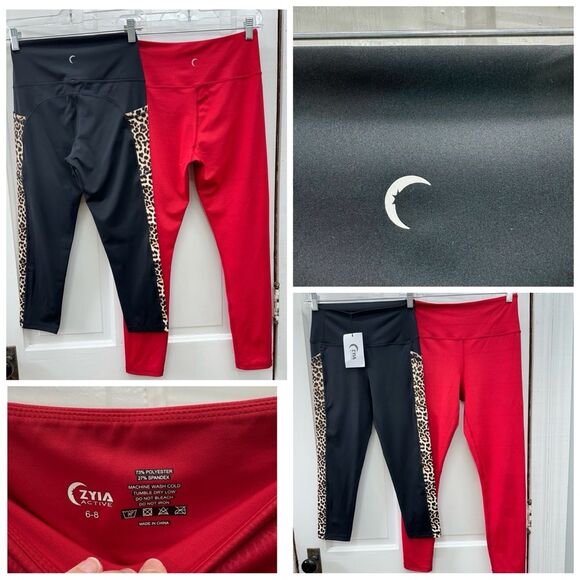 2 NWT Zyia Active Leopard pocket hi-rise, red athletic leggings women's 6 8 - Picture 1 of 8